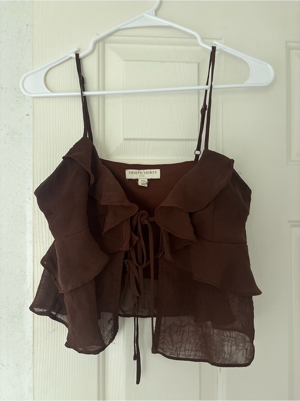 Brown Ruffle Tie-Front Cropped Top